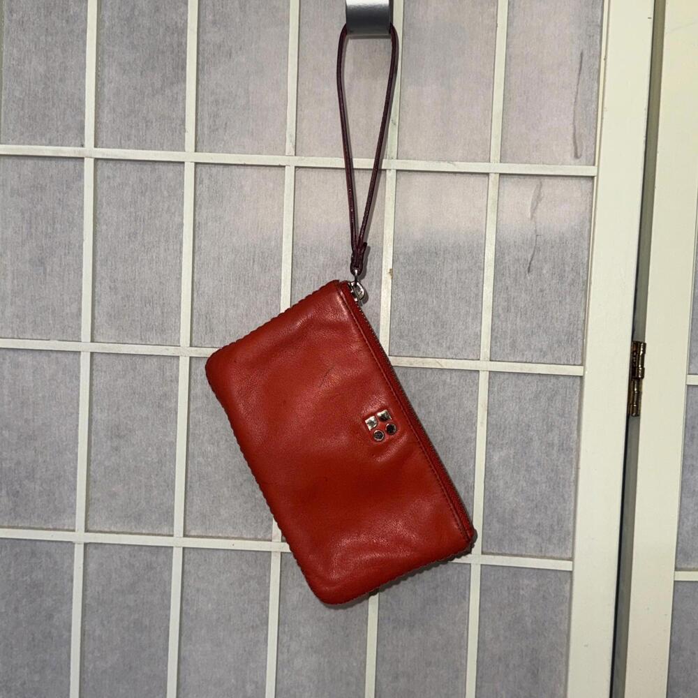 Vintage Y2K Kate Spade Logo Leather Red Orange Zip Small Wristlet Wallet